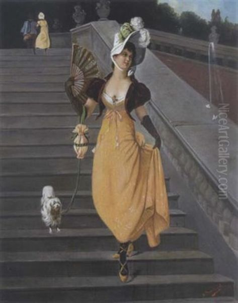 Junge Dame Mit Facher Auf Der Treppe Oil Painting by Andre Marchand