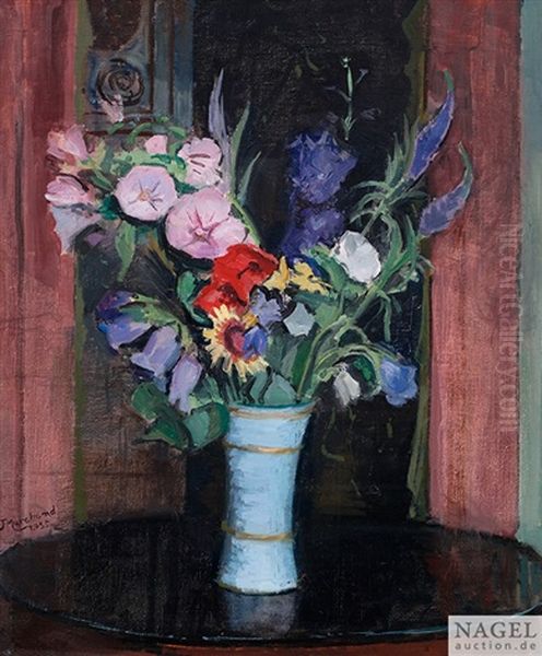 Stilleben Mit Bunten Sommerblumen In Turkisblauer Vase Mit Golddekor Oil Painting by Jean Hippolyte Marchand