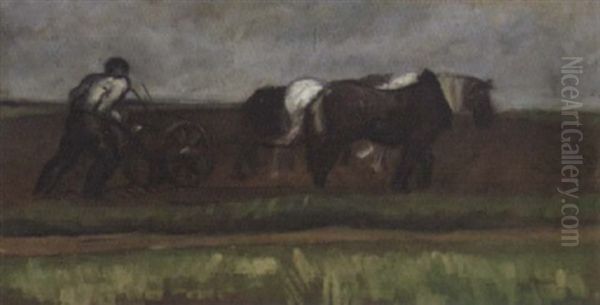 Farmer Ploughing Oil Painting by Jean Hippolyte Marchand