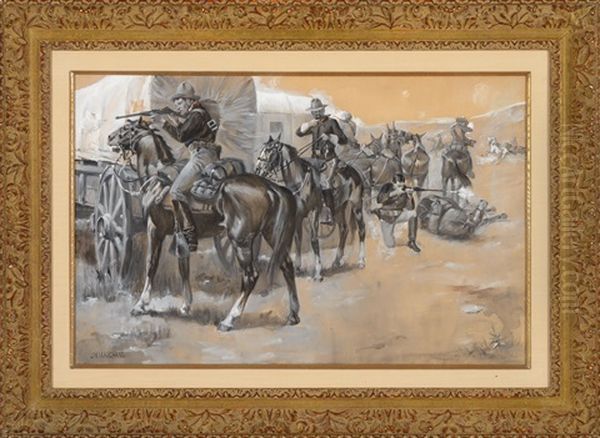 Defense Of The Wagon Train [or] Fighting Them Off Oil Painting by John (Norval) Marchand