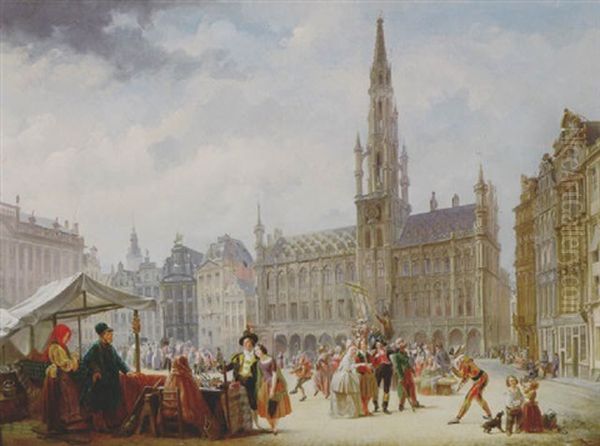 The Sunday Market At The Grand-place, Brussels Oil Painting by Jehan Marchant