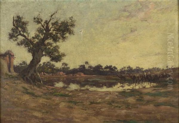 Caravanne A L'oasis (environ De Brika) Oil Painting by Ernest Gaston Marche