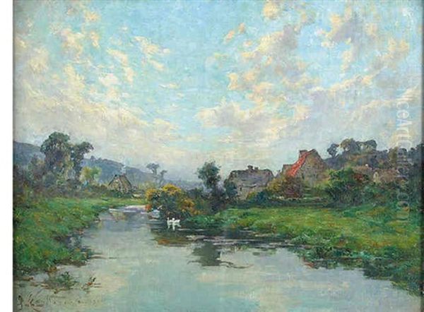 Pastoral River Scene Oil Painting by Ernest Gaston Marche