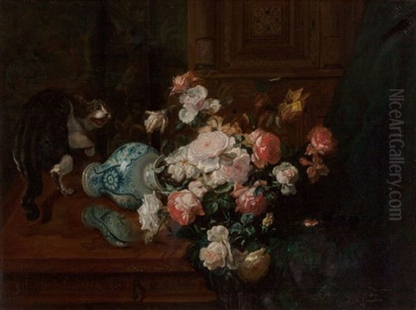 Floral Still Life With Cat Oil Painting by Gustave Emile Marchegay