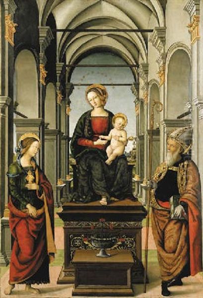 The Madonna And Child With Saints Mary Magdalen And Augustine Oil Painting by Girolamo Marchesi da Cotignola