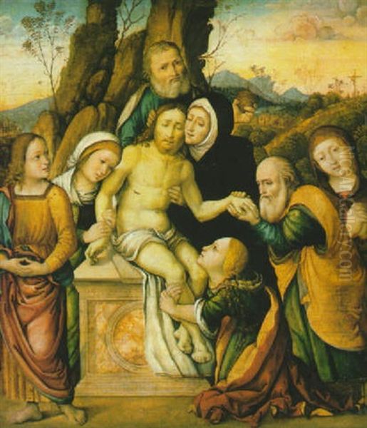 La Pieta Con Le Tre Marie, Sant'anna, Nicodemo, Giuseppe D'arimatea E Giovanni Evangelista Oil Painting by Girolamo Marchesi da Cotignola