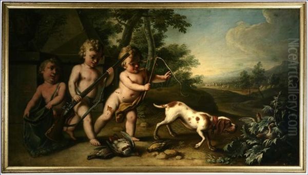 Putti Figures Hunting In A Landscape Oil Painting by Giuseppe Marchesi