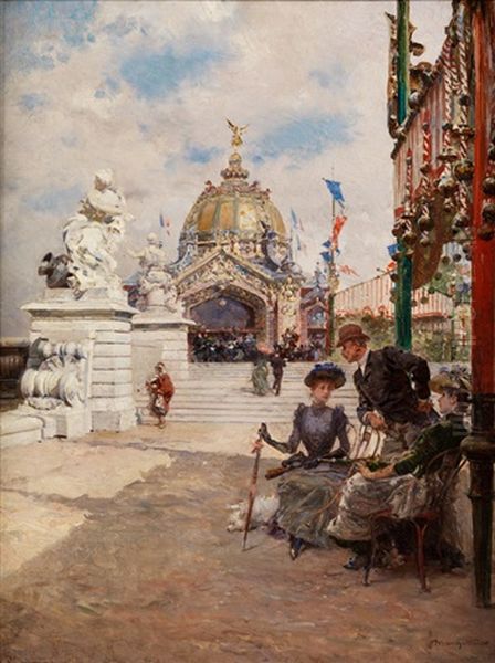 Grosser Ausstellungpavillon Der Pariser Weltausstellung 1889 Mit Figurenstaffage Oil Painting by Ludovico Marchetti