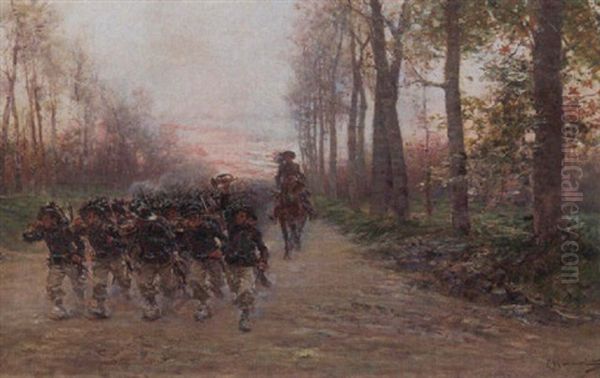 Italian Soldiers Marching Oil Painting by Ludovico Marchetti