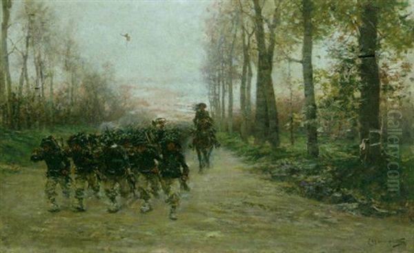 An Infantry Troop Marching Into Battle On A Country Road At Dawn Oil Painting by Ludovico Marchetti