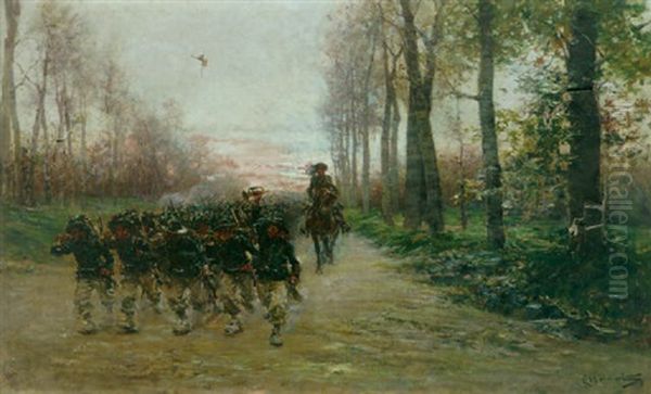 An Infantry Troop Marching Into Battle On A Country Road At Dawn Oil Painting by Ludovico Marchetti