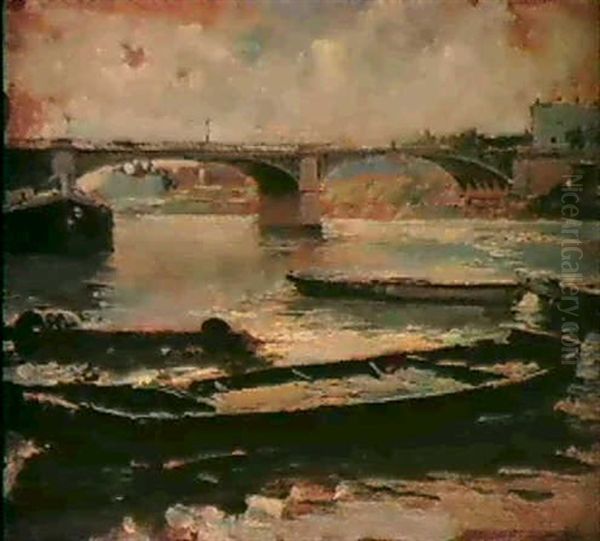 Barges On The Seine Oil Painting by Ludovico Marchetti