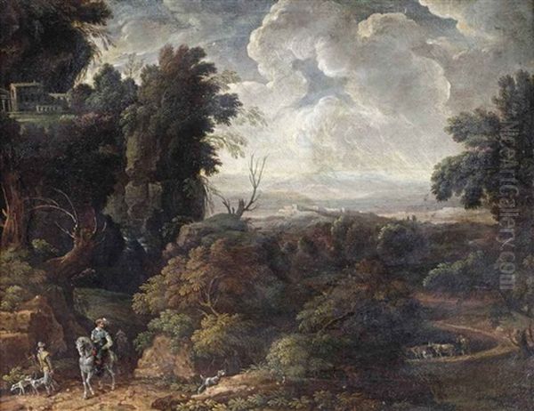 An Italianate, Wooded Landscape With Huntsmen And Their Dogs, A Herdsman With His Flock Near A Lake Beyond Oil Painting by Domenico (Tempestino) Marchi