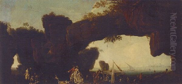 A Rocky Coastline With An Elegant Couple Promenading Before A Natural Arch And A Canopied Boat (constantinople?) Oil Painting by Domenico (Tempestino) Marchi