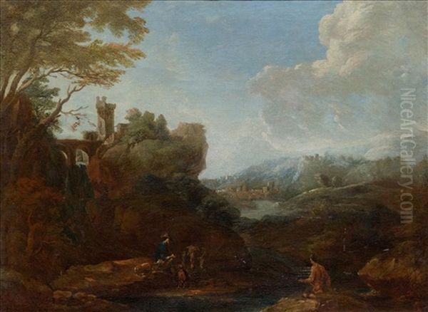 Landscape With Figures And A Castle Oil Painting by Alessio De Marchis