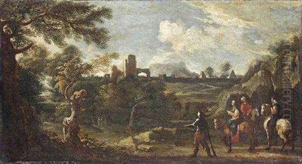 A Landscape With Horsemen And Travellers Oil Painting by Alessio De Marchis