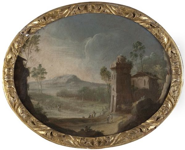 Paesaggio Con Torre Quadrangolare E Casa Diroccata; Paesaggio Con Torre, Capanna E Viandanti (2 Works) Oil Painting by Alessio De Marchis