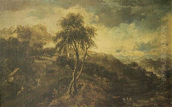 A Hunting Scene With Ruins Beyond (+ Travellers In A Landscape With A Town Beyond, Smllr; Set Of 2) Oil Painting by Alessio De Marchis