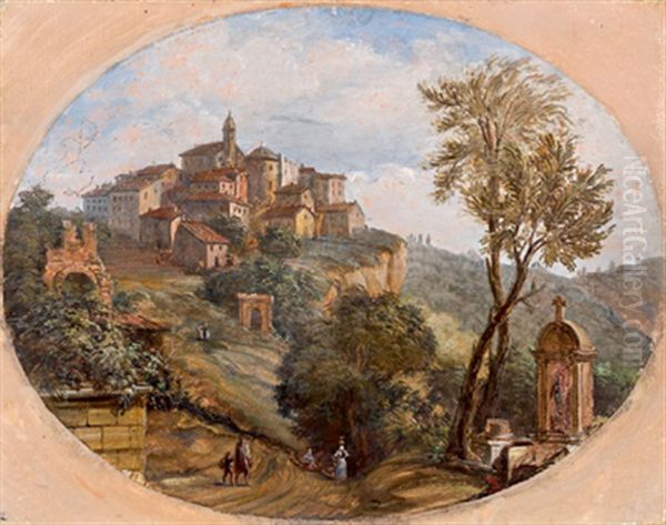 Vista Di Ariccia (+ Vista Di Genzano Di Roma; 2 Works) Oil Painting by Alessio De Marchis