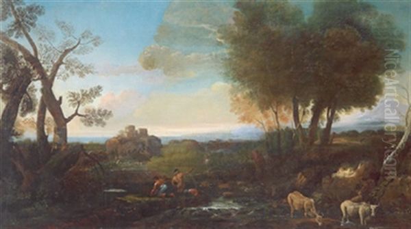 Weite Bewaldete Landschaft Mit Einem Kastell, Figuren Und Blick Auf Das Meer, Paesaggio Con Castello, Figure E Vista Sul Mare Oil Painting by Alessio De Marchis