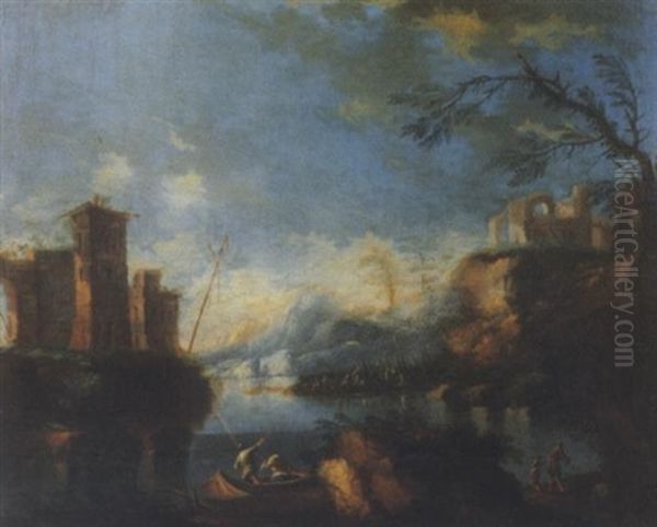 Paesaggio Fluviale Con Astanti Vari, Borgo Diroccato E Rovine In Lontananza Oil Painting by Alessio De Marchis