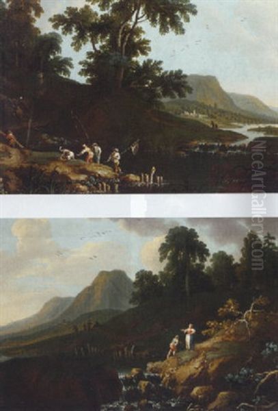 A River Landscape With Anglers And A Dog Oil Painting by Alessio De Marchis