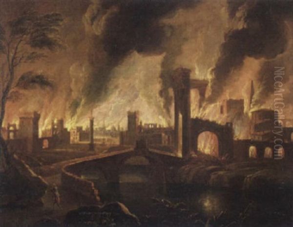 La Fuga Di Enea E Anchise Da Troia In Fiamme Oil Painting by Alessio De Marchis