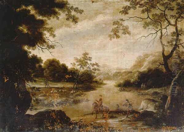 Paisaje Boscoso Con Rio Y Sendero Con Cazadores Y Pescadores Oil Painting by Alessio De Marchis