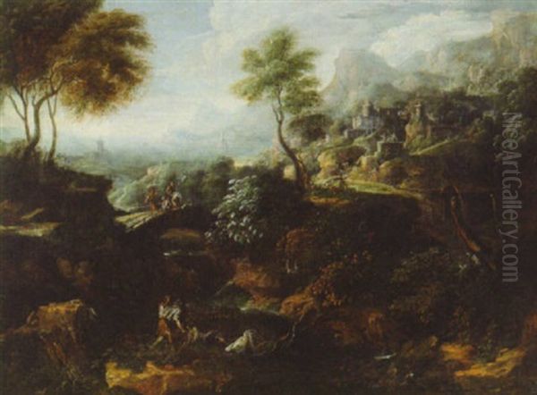 An Extensive Rocky Italianate Landscape With Figures On A Track, Travellers On A Bridge Beyond Oil Painting by Alessio De Marchis