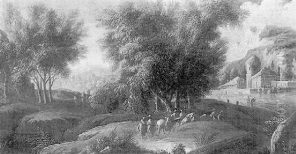 A Wooded Italianate Landscape With Travellers In The Foreground, A Town And Mountains Beyond by Alessio De Marchis