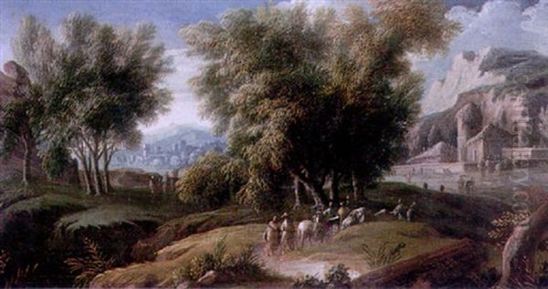 A Wooded Italianate Landscape With Travellers In The Foreground A Town And Mountains Beyond Oil Painting by Alessio De Marchis