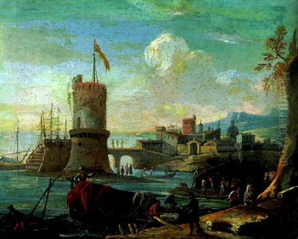 An Italianate Harbour With Fisherfolk On The Shore, A Tower And A Town Beyond by Alessio De Marchis