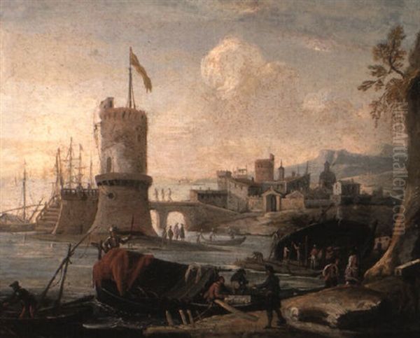 An Italianate Harbour With Figures And Boats, A Tower And Town Beyond Oil Painting by Alessio De Marchis