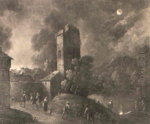 Incendio In Un Borgo Rurale Presso Un Fiume Oil Painting by Alessio De Marchis