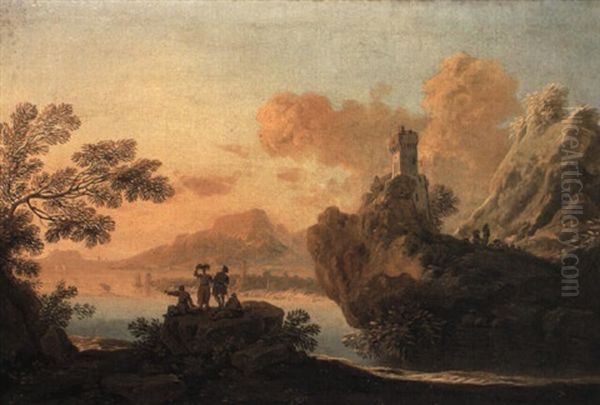 Paesaggio Costiero Con Quattro Figure Su Uno Scoglio E Torre Oil Painting by Alessio De Marchis