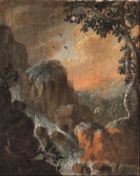 Paesaggio Con Cascata Tra Le Rocce E Albero A Destra Oil Painting by Alessio De Marchis