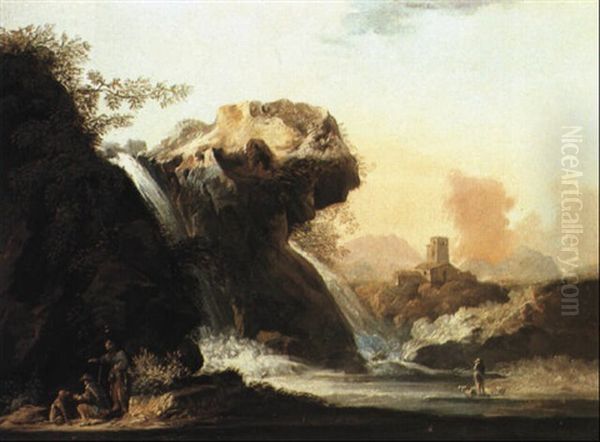 Grande Paesaggio Con Cascate Tra Le Rocce, Figure E Cane Oil Painting by Alessio De Marchis