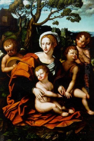 The Madonna And Child Holding Grapes And Ears Of Corn, With The Infant St. John The Baptist And Two Music-making Angels Oil Painting by Bernardino Marchiselli de Quagis