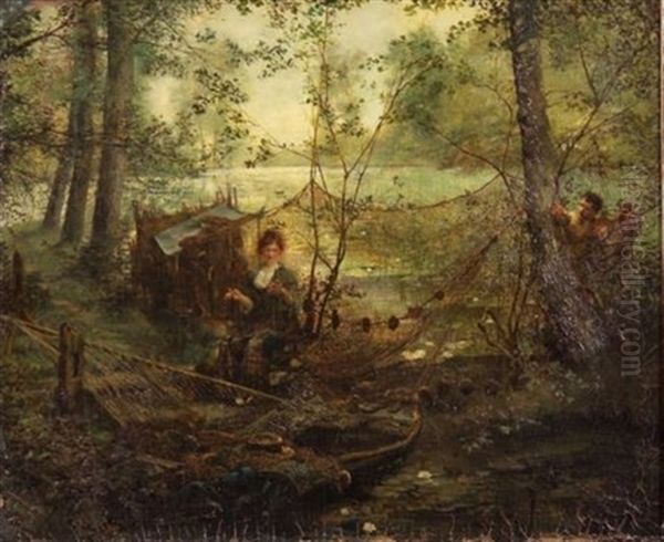 A Young Woman Mending Fishing Nets Oil Painting by Pinckney Marcius-Simons