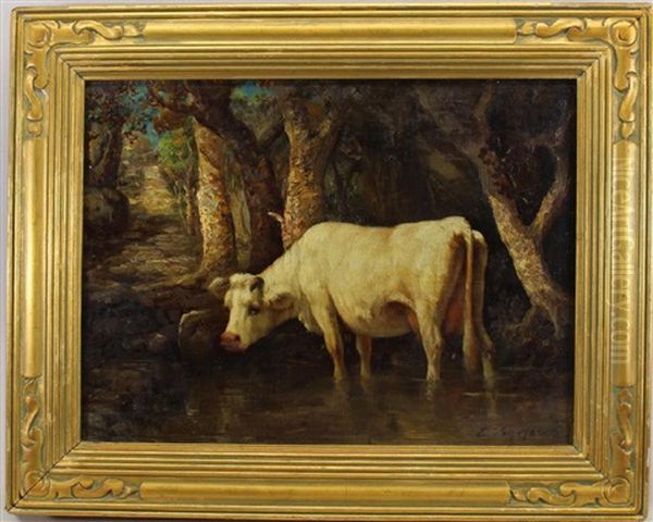 Painting Of A Cow In A River Landscape Oil Painting by Emile van Marcke de Lummen