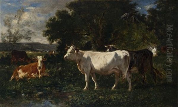 Cows By A Pond Oil Painting by Emile van Marcke de Lummen