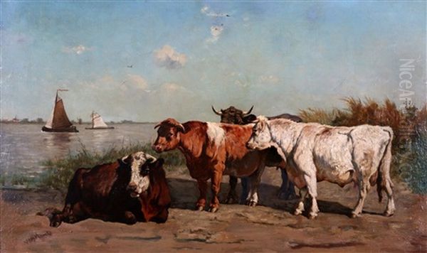 Resting Cows At The Water's Edge Oil Painting by Emile van Marcke de Lummen