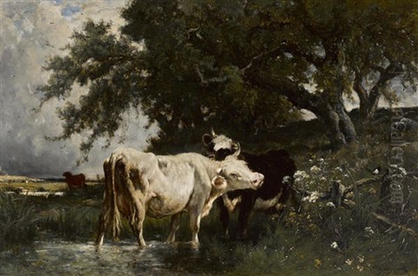 Cattle Watering Under A Sheltering Tree Oil Painting by Emile van Marcke de Lummen