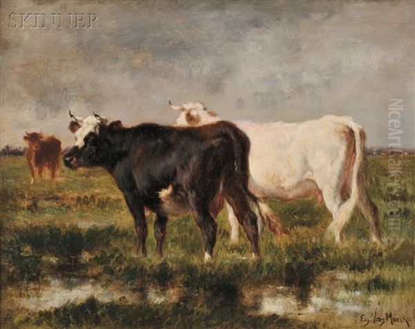 Cows In A Landscape Oil Painting by Emile van Marcke de Lummen