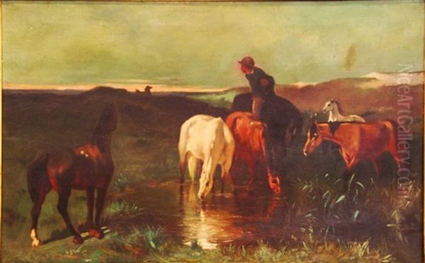 Chevaux S'abreuvant Oil Painting by Emile van Marcke de Lummen