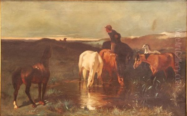 Chevaux S'abreuvant Oil Painting by Emile van Marcke de Lummen