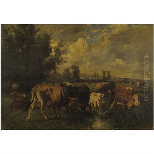 Cattle In A Field Oil Painting by Emile van Marcke de Lummen