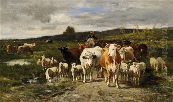 Abendlicher Heimtrieb Der Herde Oil Painting by Emile van Marcke de Lummen