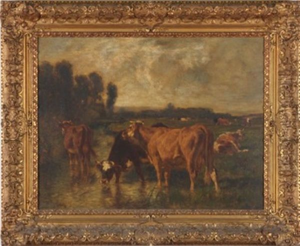 Cattle Grazing Oil Painting by Emile van Marcke de Lummen