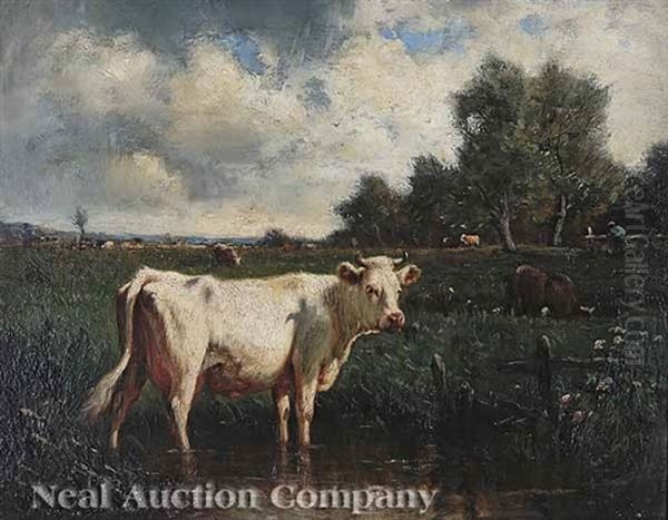 Cow By The Stream Oil Painting by Emile van Marcke de Lummen